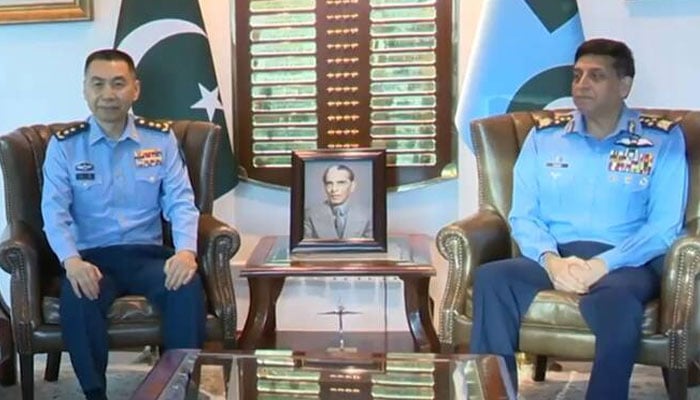 Lt. Gen. Wang Gang, chief of staff of the People’s Liberation Army Air Force (PLAAF), meeting with Pakistan’s Air Chief Marshal Zaheer Ahmed Baber Sidhu in Islamabad, on July 8, 2025. —PAF