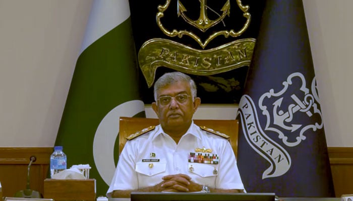 Chief of Naval Staff Admiral Naveed Ashraf chairing the Command and Staff Conference of Pakistan Navy on July 16, 2025. — Screengrab via Facebook@DgprNavy