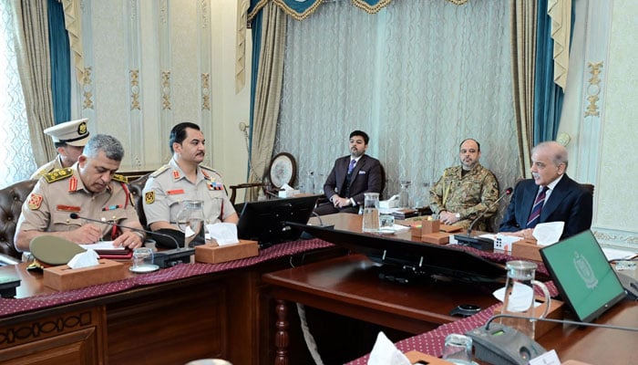 Commander-in-Chief of Libyan Armed Forces Lieutenant General Saddam Khalifa Abu Qasim Haftar calls on Prime Minister Shehbaz Sharif in Islamabad on July 18, 2025. — PID