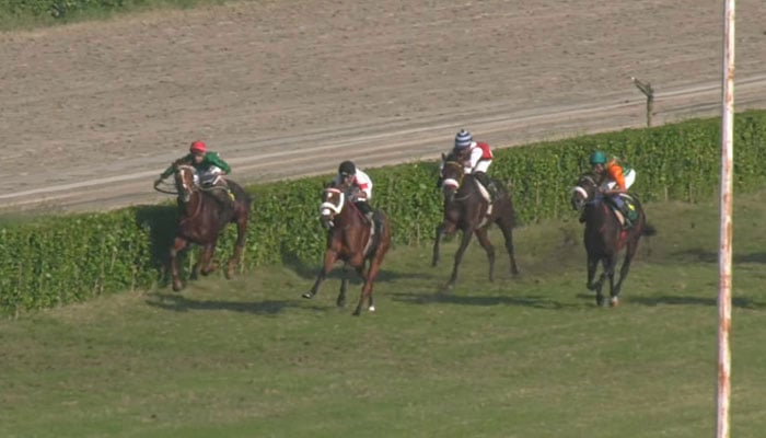 This still taken from a video released on November 13, 2023, shows participants during a horse race in Lahore. — YouTube@Pakistan Horse Racing/File